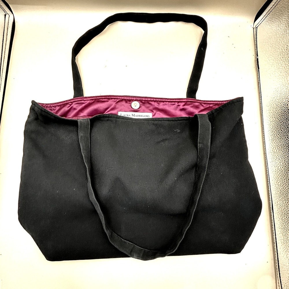 Laura Madrigano Black Tote Bag Magenta Lining Magnetic Snap Shoulder Bag